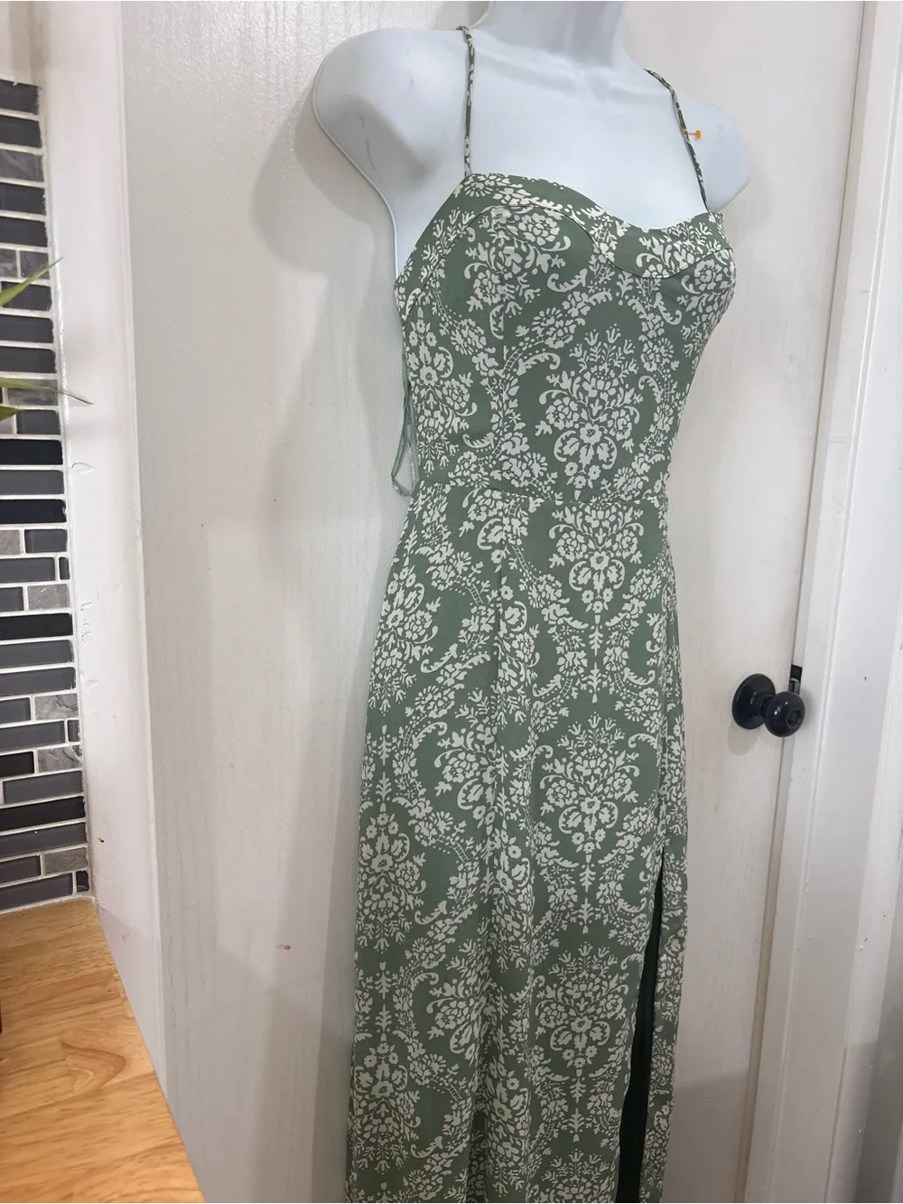 Bohemian paisley Sage Green Floral Halter Maxi Dress